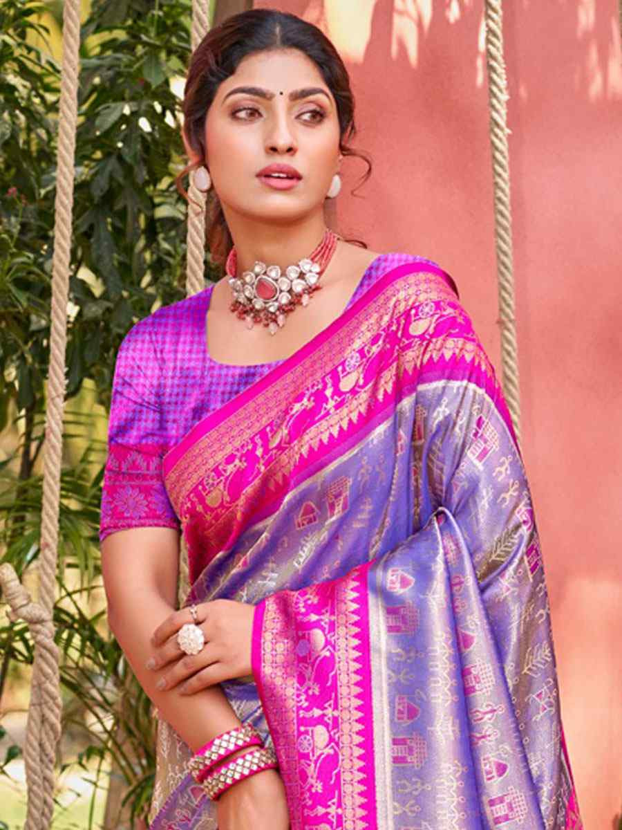 Purple Kanjivaram Silk Printed Handwoven Festival Wedding Fancy Heavy Border Saree