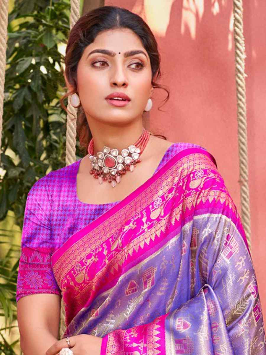 Purple Kanjivaram Silk Printed Handwoven Festival Wedding Fancy Heavy Border Saree