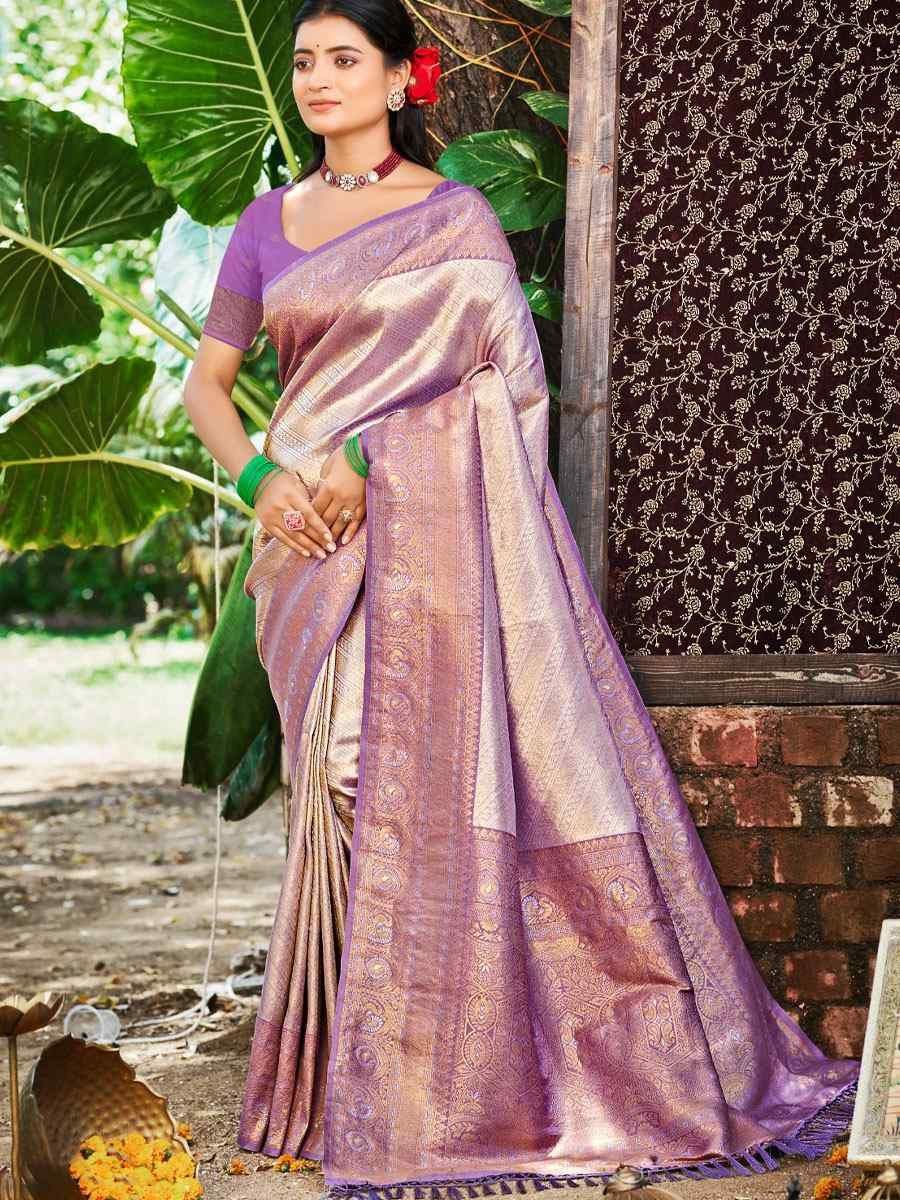 Purple Kanjivaram Soft Silk Handwoven Traditional Bridal Reception Festival Wedding Fancy Heavy Border Saree