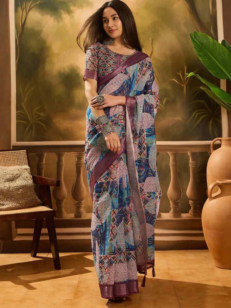 Image of Purple Linen Cotton Blend Handwoven Printed Casual Reception Festival Wedding Fancy Heavy Border Saree