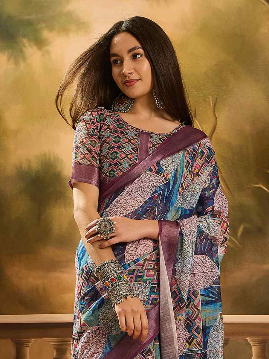 Purple Linen Cotton Blend Handwoven Printed Casual Reception Festival Wedding Fancy Heavy Border Saree