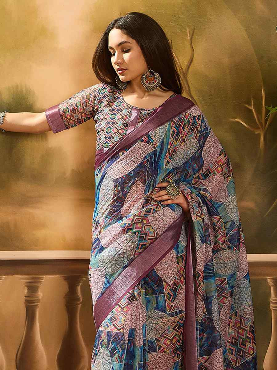 Purple Linen Cotton Blend Handwoven Printed Casual Reception Festival Wedding Fancy Heavy Border Saree