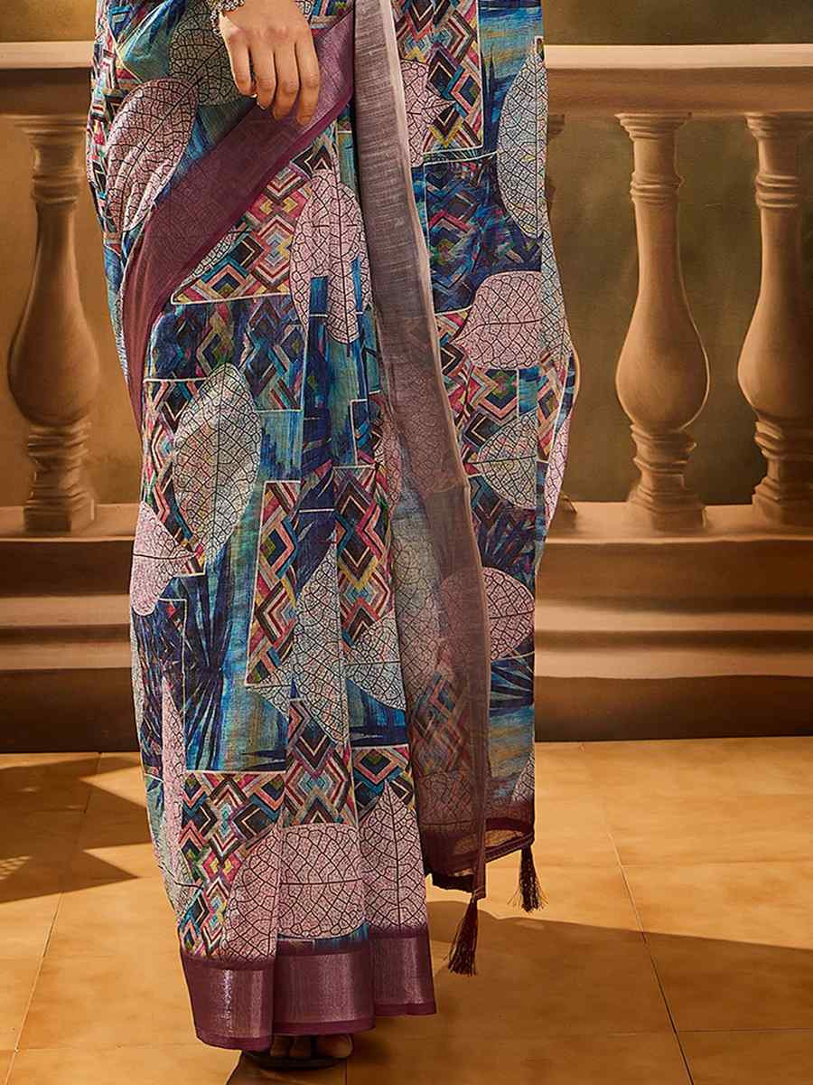 Purple Linen Cotton Blend Handwoven Printed Casual Reception Festival Wedding Fancy Heavy Border Saree