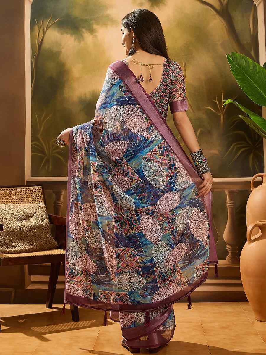 Purple Linen Cotton Blend Handwoven Printed Casual Reception Festival Wedding Fancy Heavy Border Saree