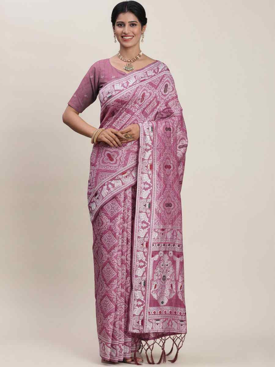 Purple Linen Cotton Handwoven Bridal Reception Festival Wedding Fancy Heavy Border Saree