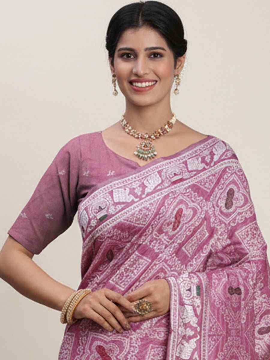 Purple Linen Cotton Handwoven Bridal Reception Festival Wedding Fancy Heavy Border Saree