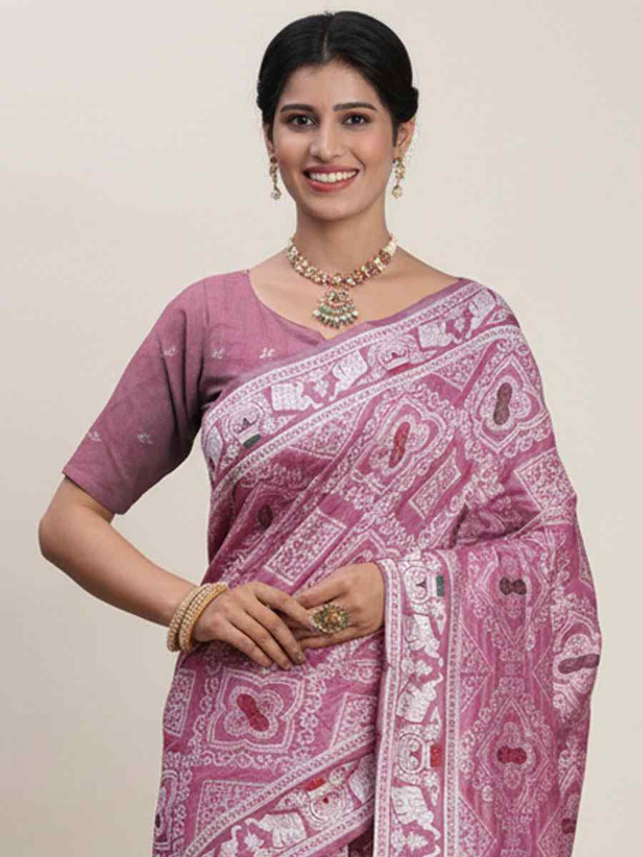 Purple Linen Cotton Handwoven Bridal Reception Festival Wedding Fancy Heavy Border Saree