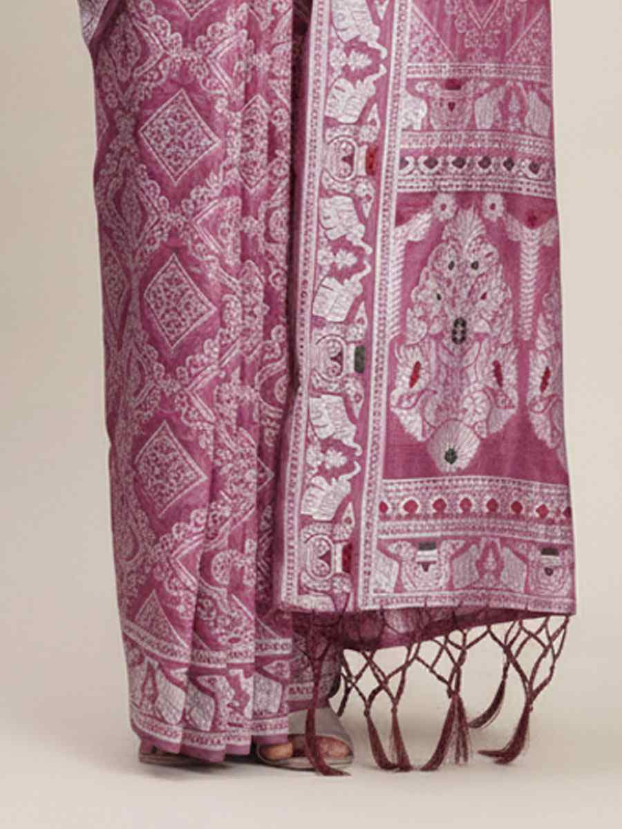 Purple Linen Cotton Handwoven Bridal Reception Festival Wedding Fancy Heavy Border Saree