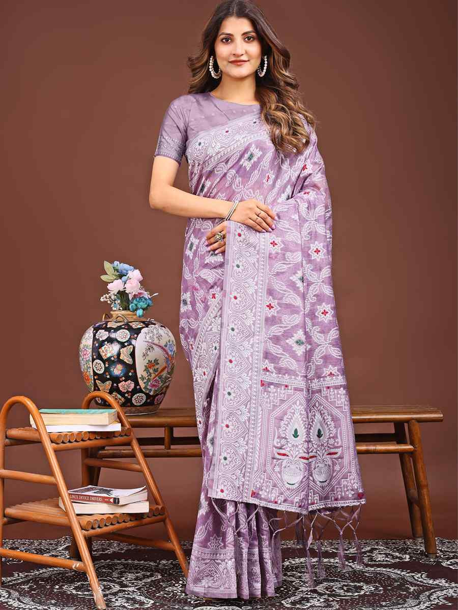 Purple Linen Cotton Handwoven Festival Wedding Fancy Heavy Border Saree