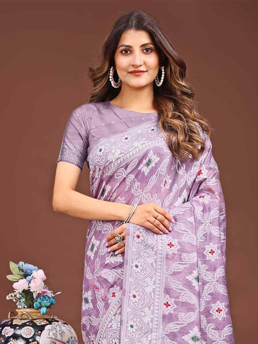 Purple Linen Cotton Handwoven Festival Wedding Fancy Heavy Border Saree