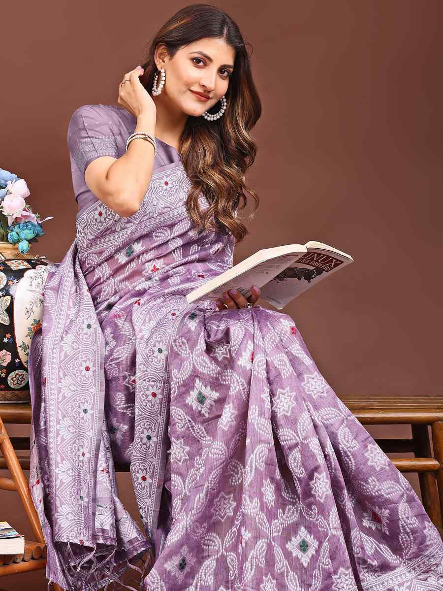 Purple Linen Cotton Handwoven Festival Wedding Fancy Heavy Border Saree