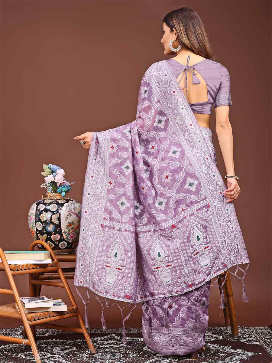 Purple Linen Cotton Handwoven Festival Wedding Fancy Heavy Border Saree