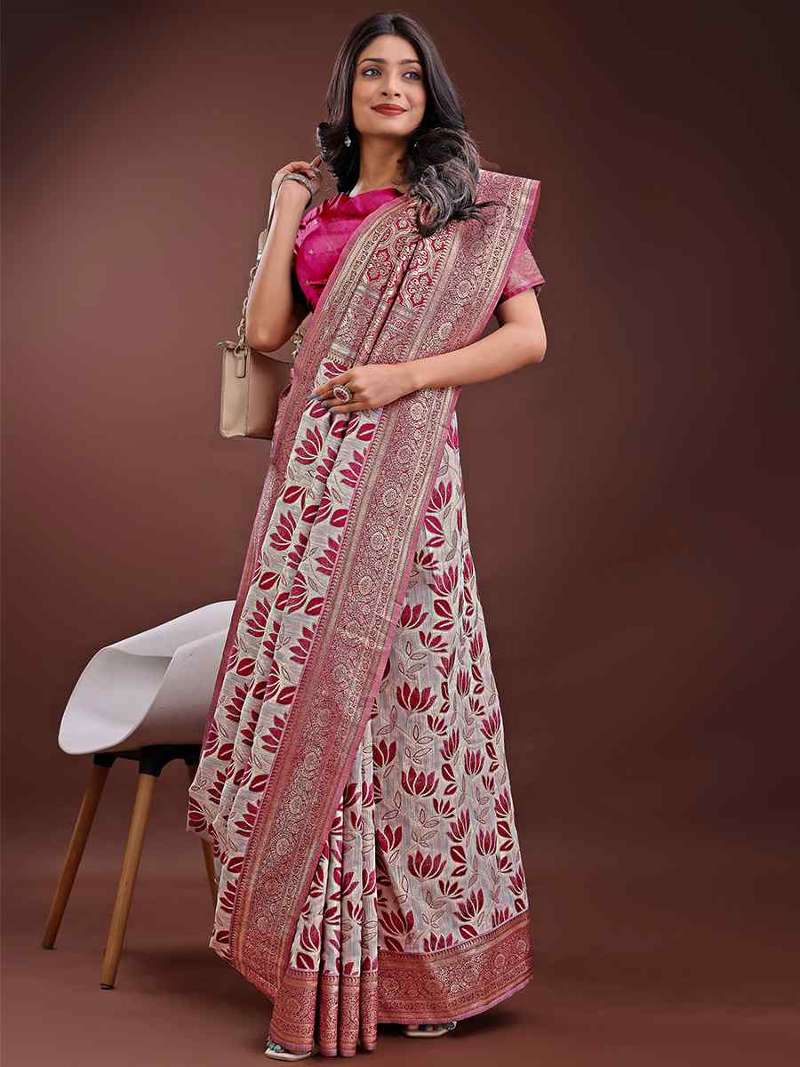 Purple Linen Cotton Handwoven Festival Wedding Fancy Heavy Border Saree