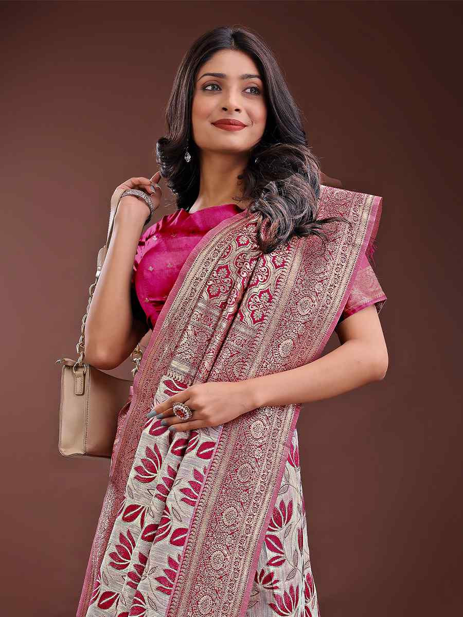 Purple Linen Cotton Handwoven Festival Wedding Fancy Heavy Border Saree