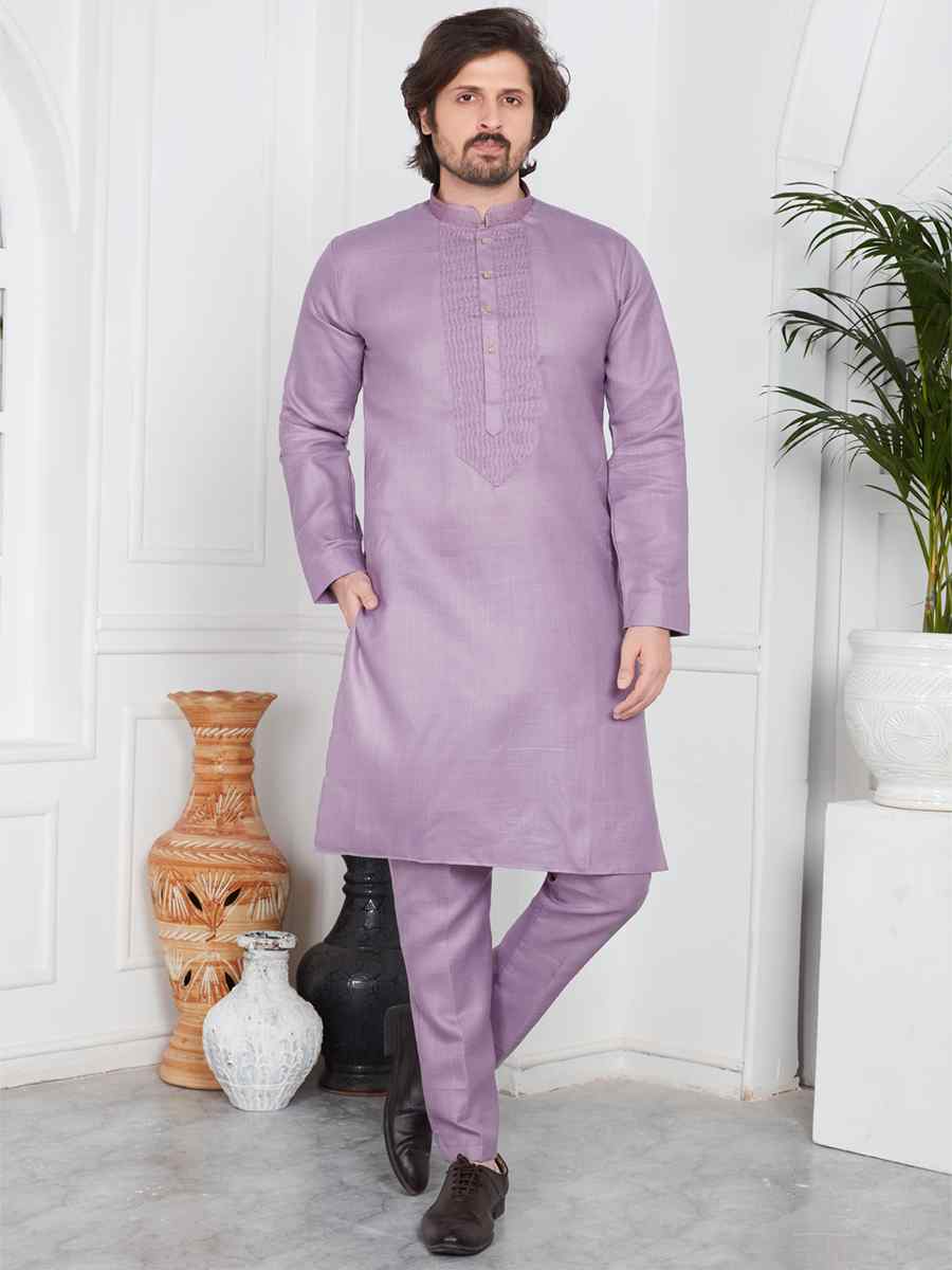 Purple Linen Cotton Printed Festival Casual Kurta