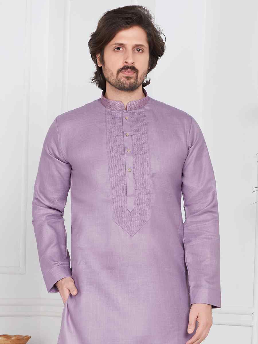 Purple Linen Cotton Printed Festival Casual Kurta