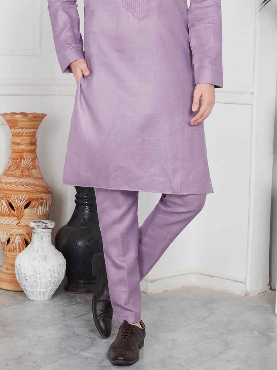 Purple Linen Cotton Printed Festival Casual Kurta