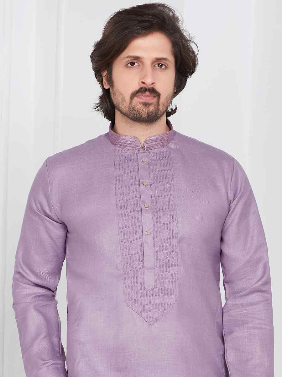 Purple Linen Cotton Printed Festival Casual Kurta