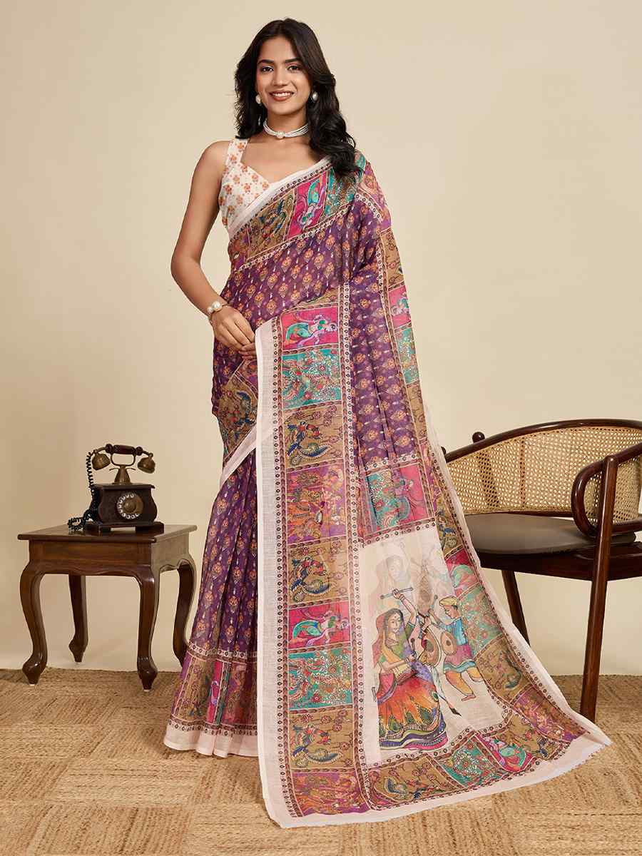 Purple Linen Printed Traditional Casual Fancy Classic Style Sarees