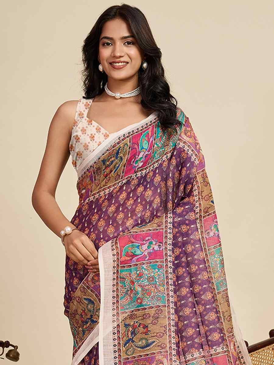 Purple Linen Printed Traditional Casual Fancy Classic Style Sarees