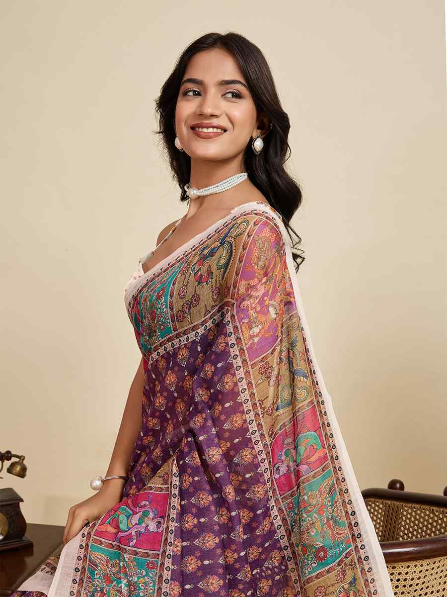Purple Linen Printed Traditional Casual Fancy Classic Style Sarees