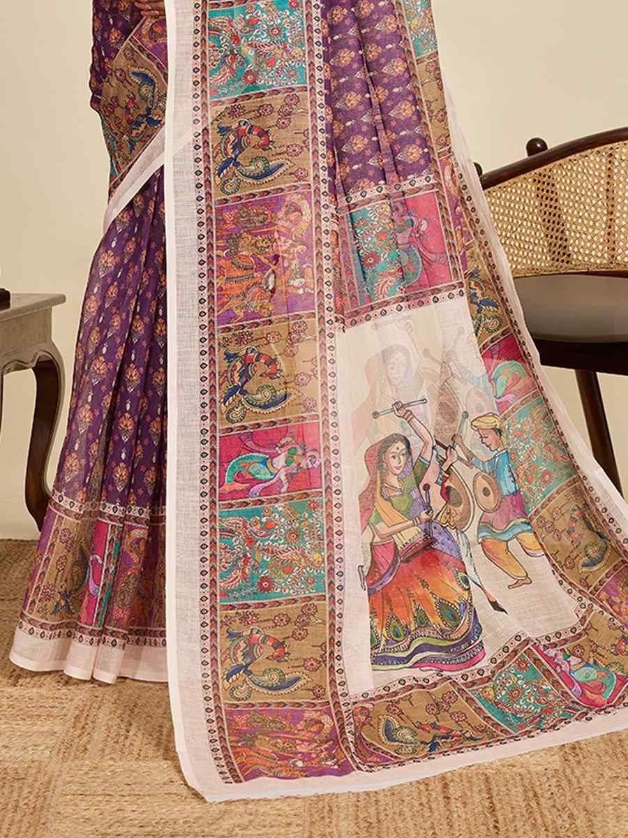 Purple Linen Printed Traditional Casual Fancy Classic Style Sarees