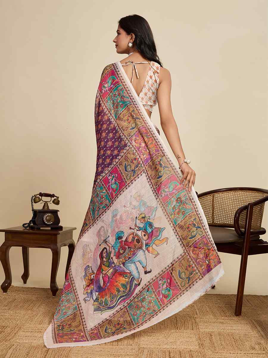 Purple Linen Printed Traditional Casual Fancy Classic Style Sarees