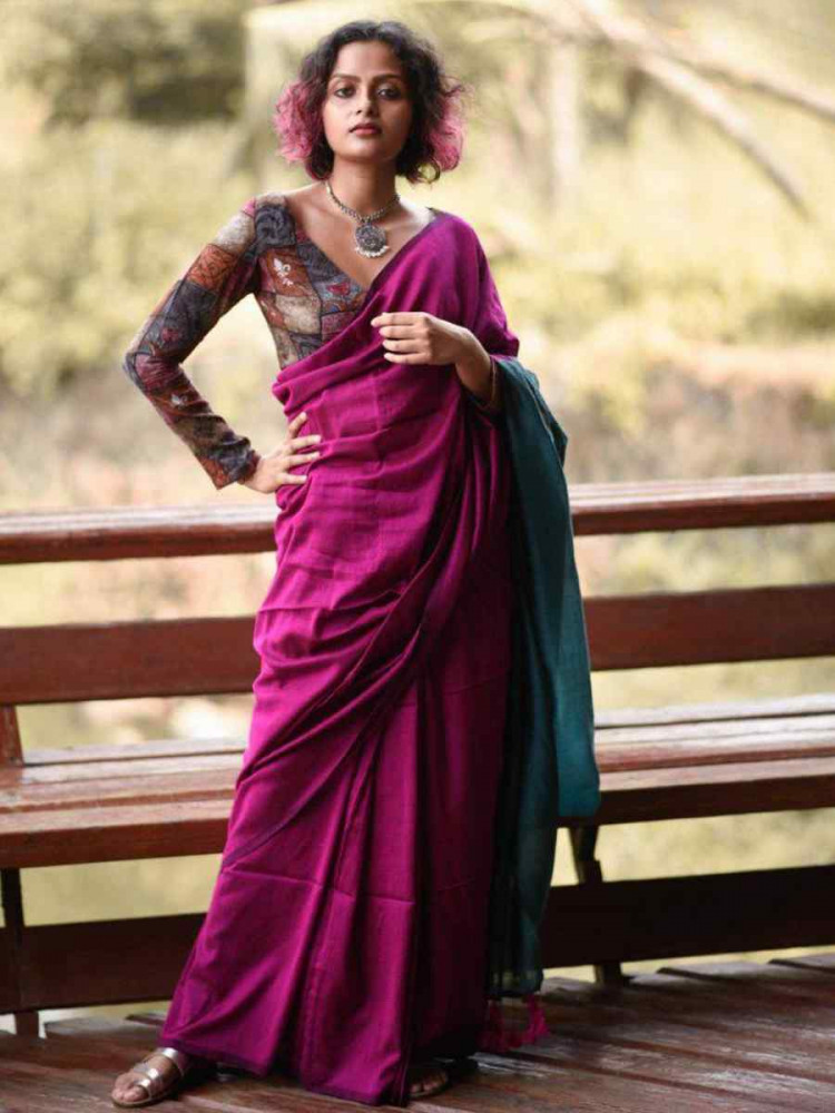 Image of Purple Mal Cotton Plain Casual Party Festival Wedding Fancy Classic Style Sarees