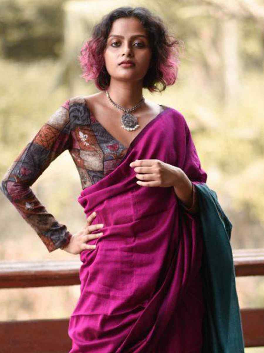Purple Mal Cotton Plain Casual Party Festival Wedding Fancy Classic Style Sarees