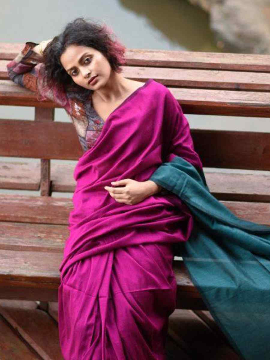 Purple Mal Cotton Plain Casual Party Festival Wedding Fancy Classic Style Sarees