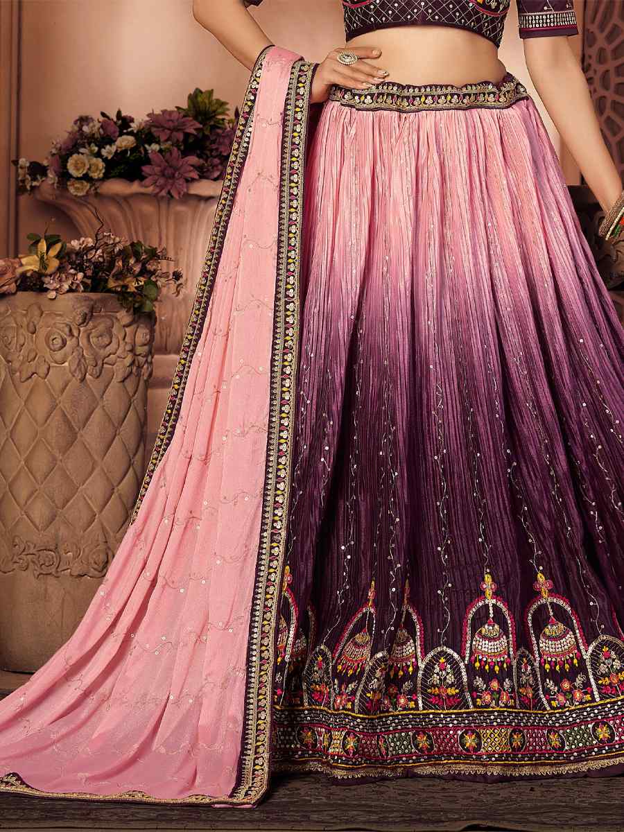 Purple Malai Satin Embroidered Festival Wedding Heavy Border Lehenga Choli