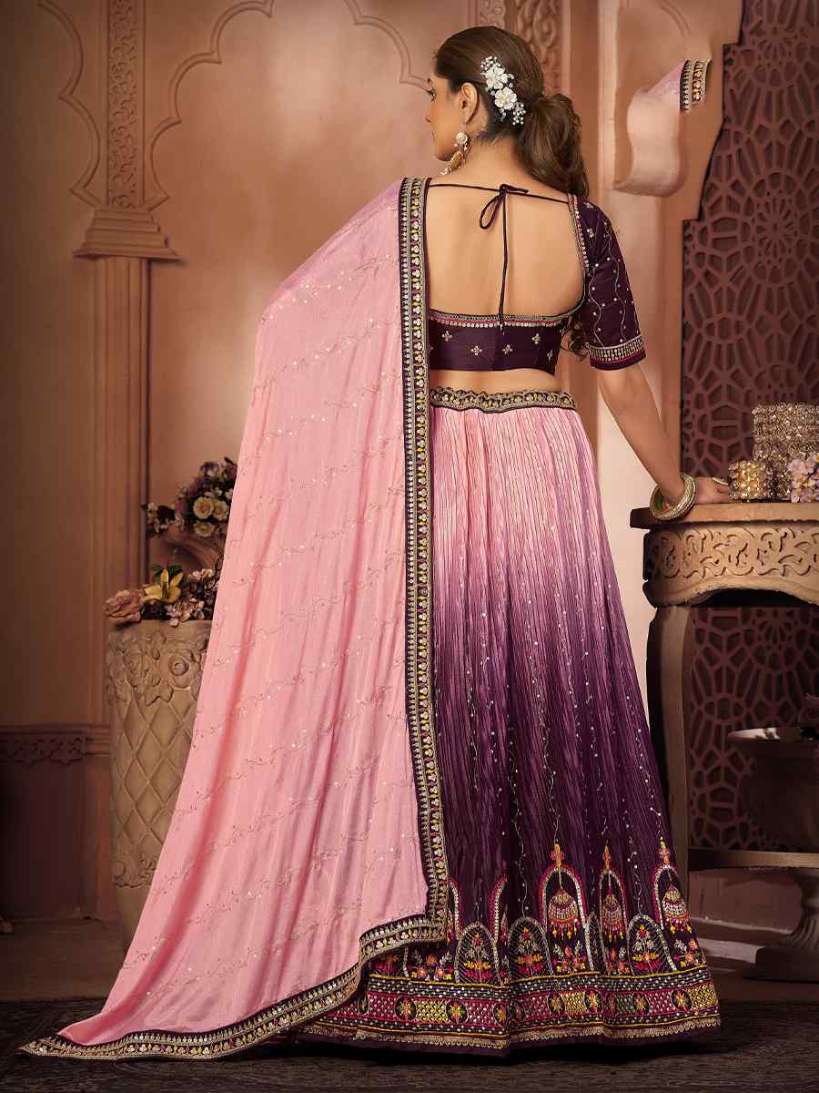 Purple Malai Satin Embroidered Festival Wedding Heavy Border Lehenga Choli