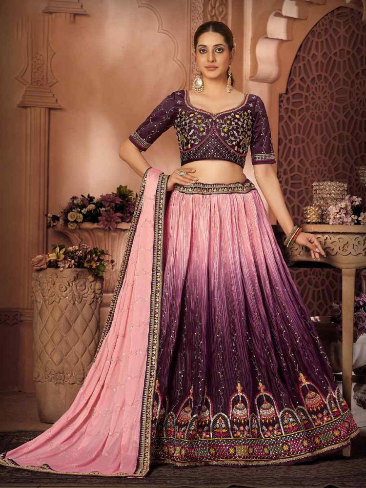 Purple Malai Satin Embroidered Festival Wedding Heavy Border Lehenga Choli