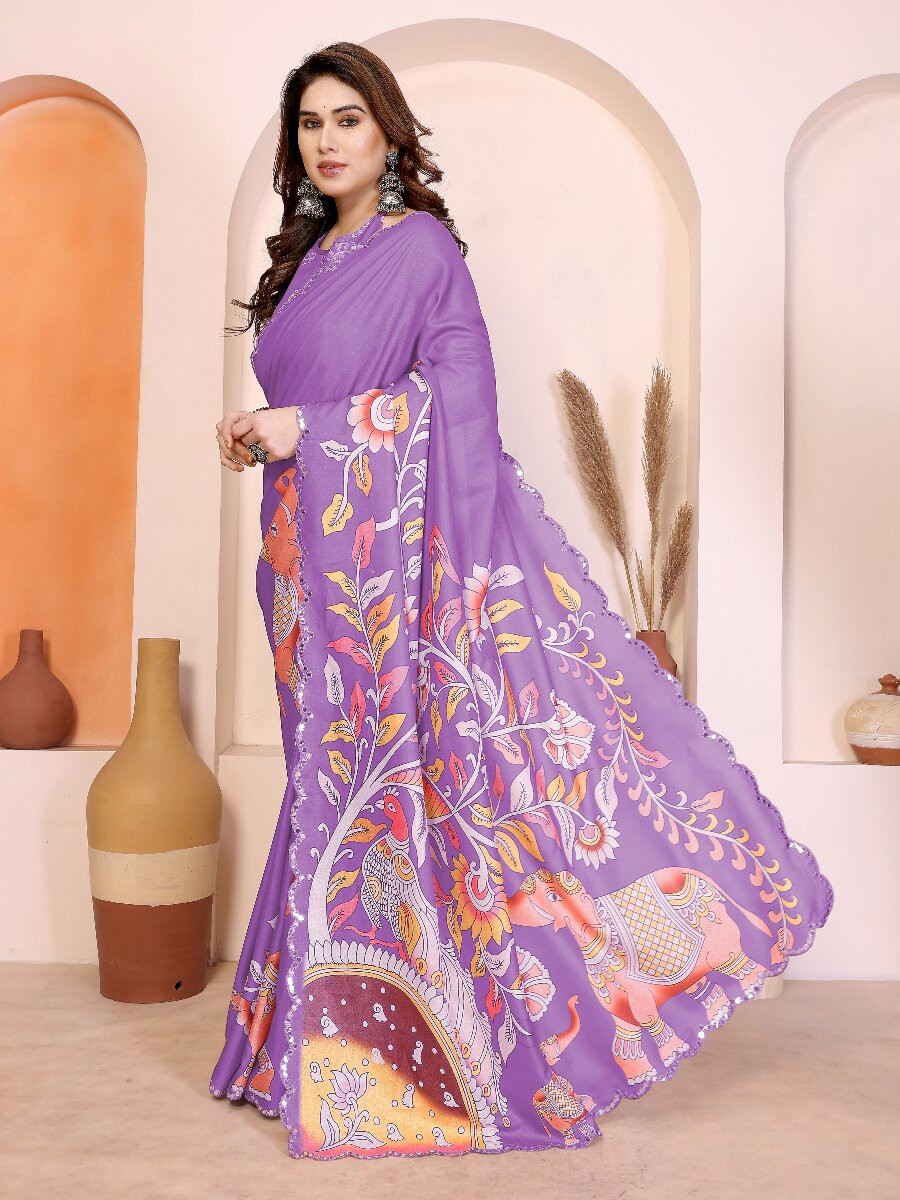 Purple Manipuri Digital Printed Wedding Reception Party Festival Casual Heavy Border Sarees