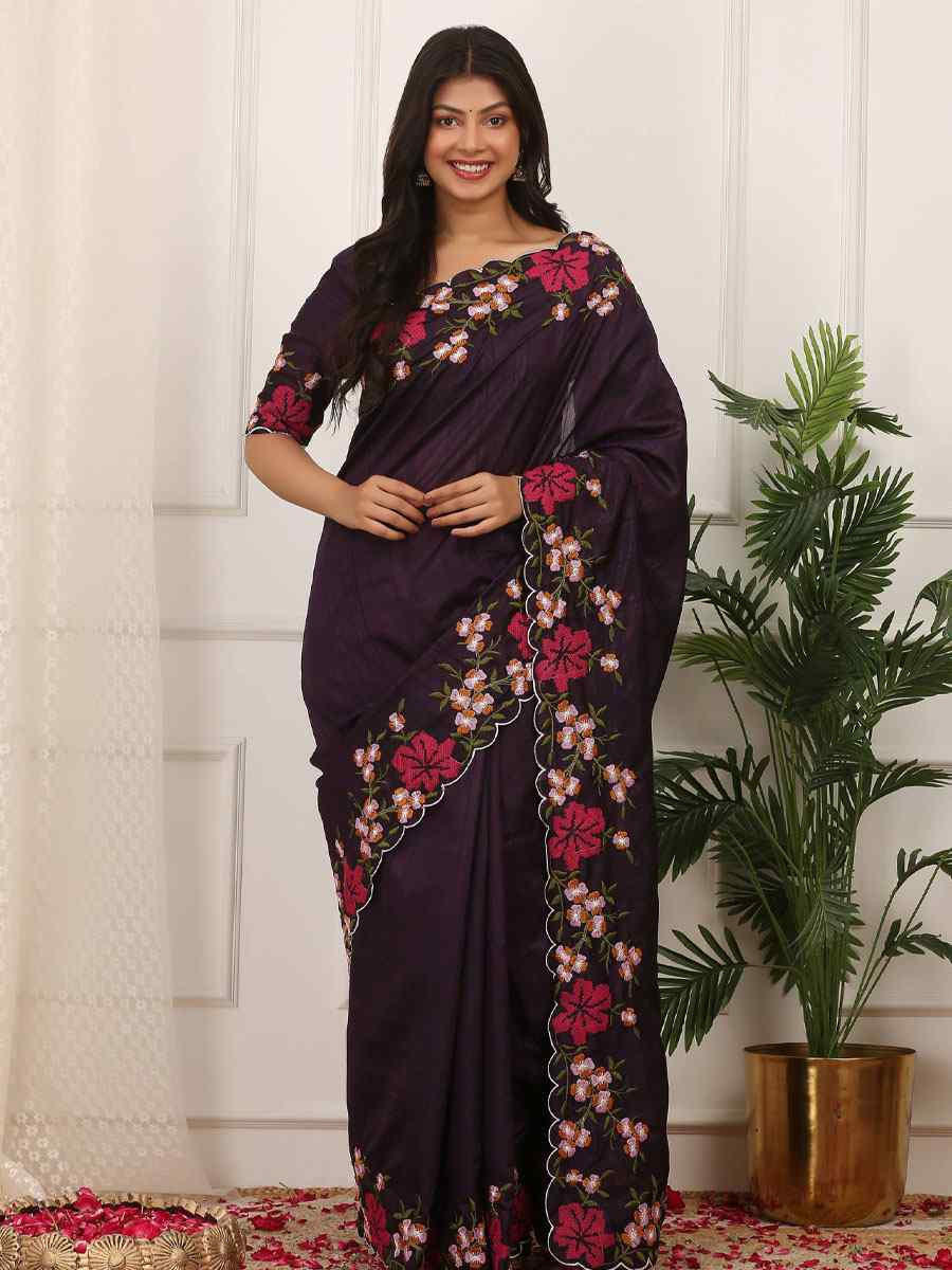 Purple Manipuri Silk Embroidery Casual Reception Festival Wedding Fancy Heavy Border Sarees