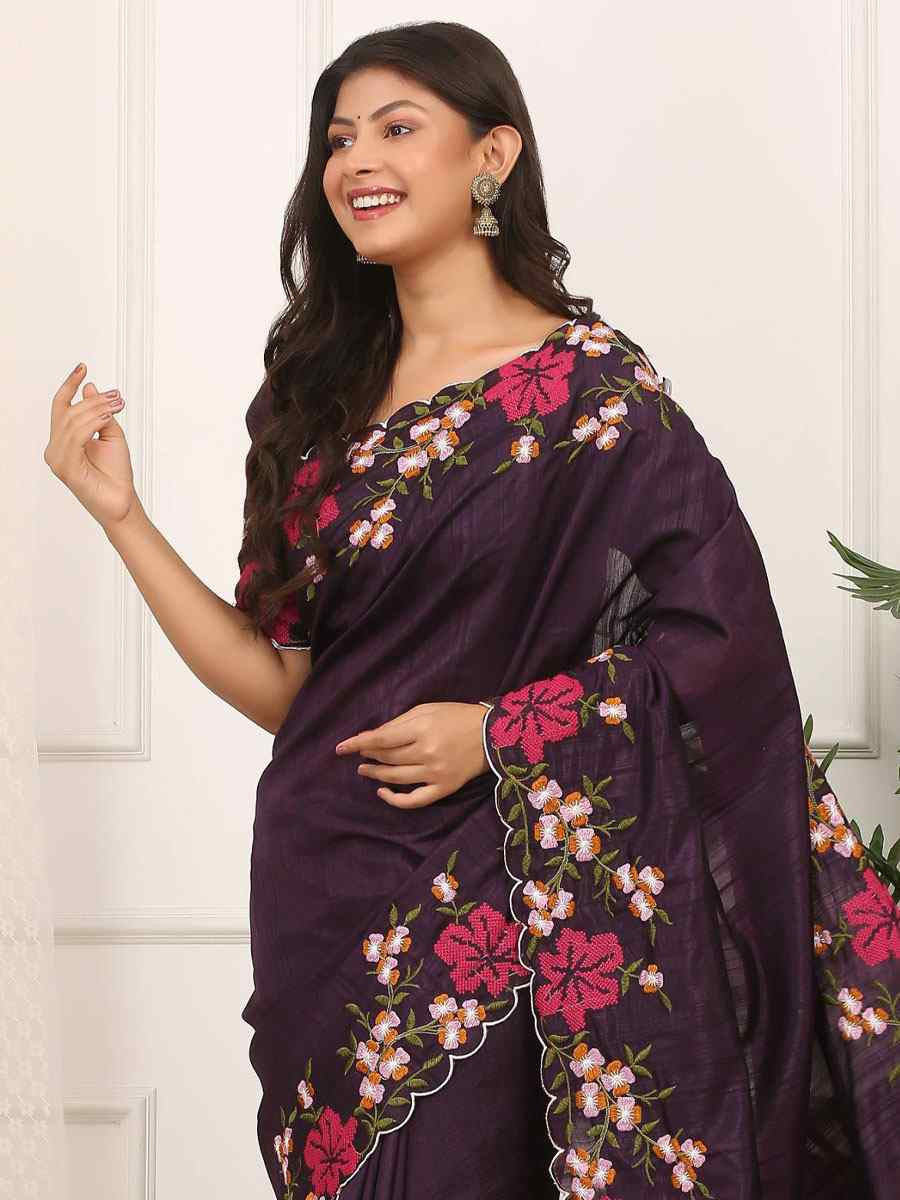 Purple Manipuri Silk Embroidery Casual Reception Festival Wedding Fancy Heavy Border Sarees