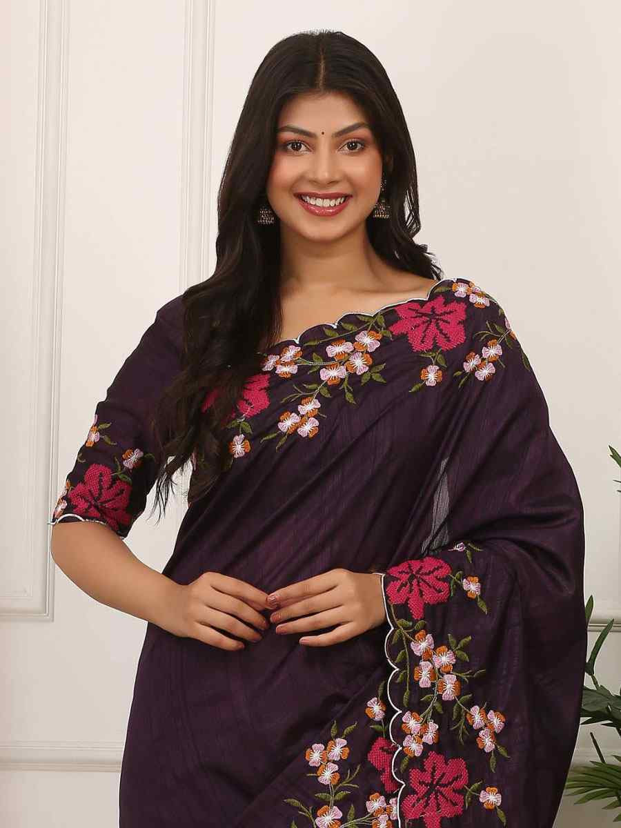 Purple Manipuri Silk Embroidery Casual Reception Festival Wedding Fancy Heavy Border Sarees