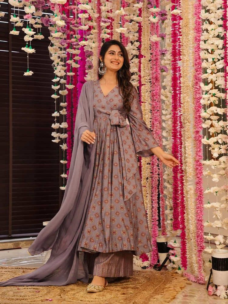 Image of Purple Maslin Printed Floral Wedding Party Festival Ready Anarkali Palazzo Pant Salwar Kameez