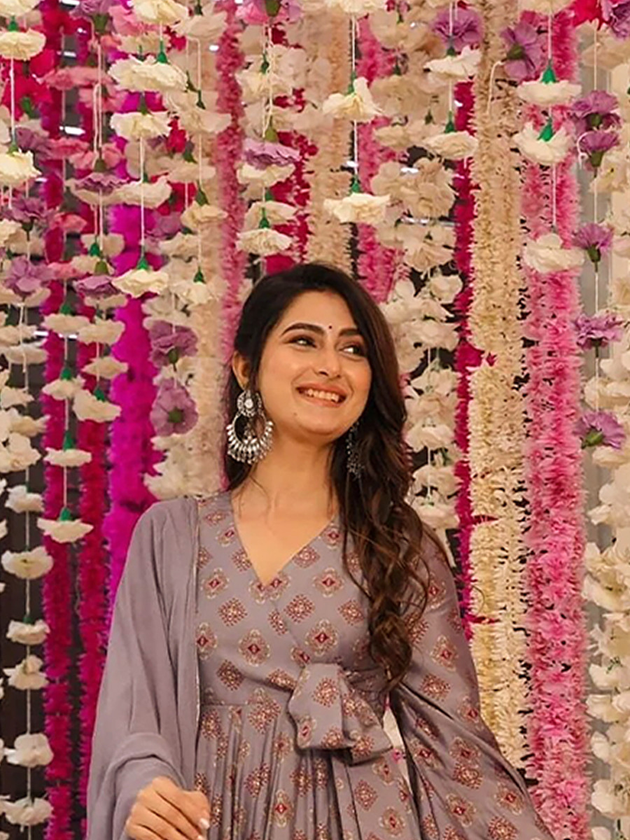 Purple Maslin Printed Floral Wedding Party Festival Ready Anarkali Palazzo Pant Salwar Kameez