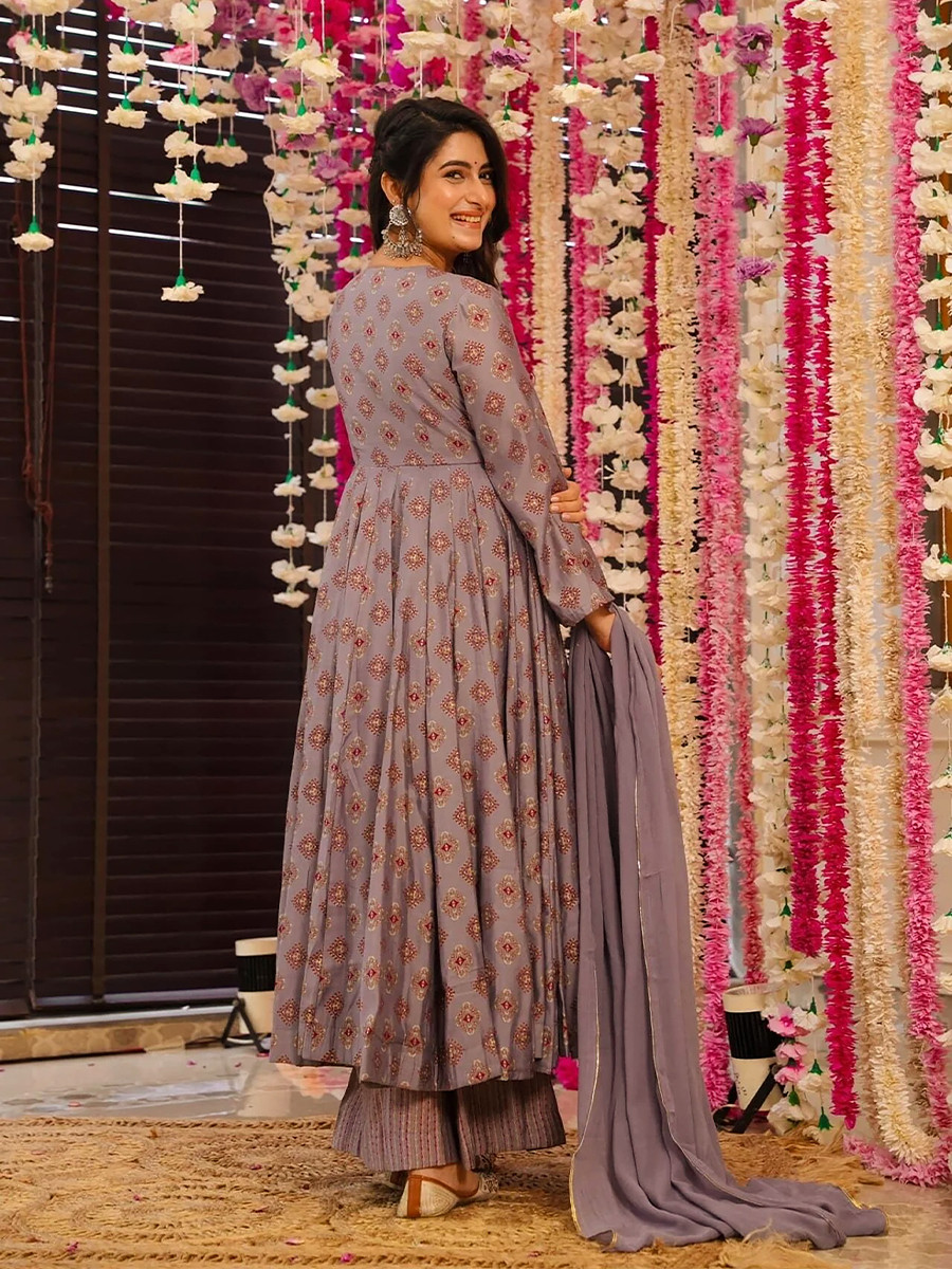 Purple Maslin Printed Floral Wedding Party Festival Ready Anarkali Palazzo Pant Salwar Kameez