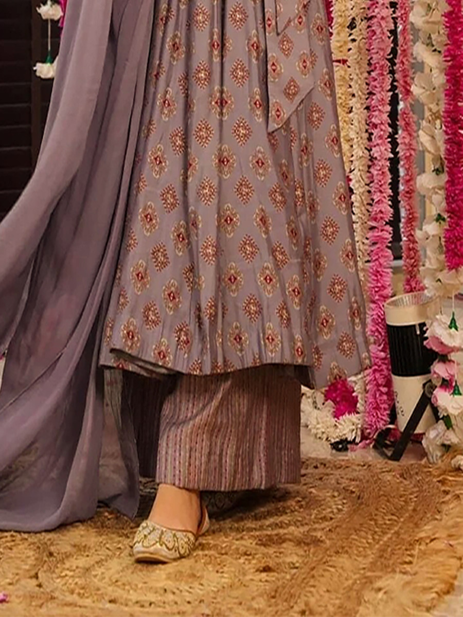 Purple Maslin Printed Floral Wedding Party Festival Ready Anarkali Palazzo Pant Salwar Kameez