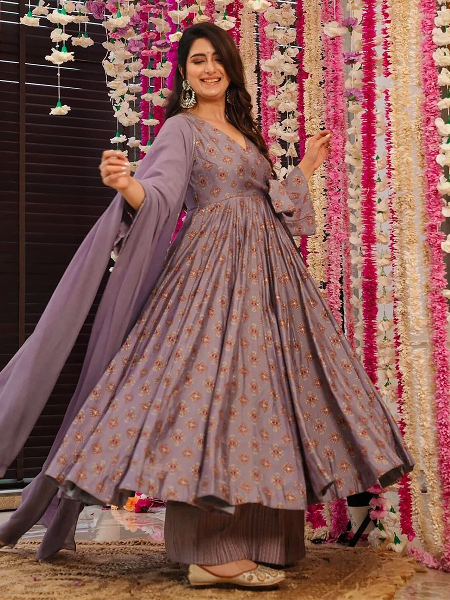Purple Maslin Printed Floral Wedding Party Festival Ready Anarkali Palazzo Pant Salwar Kameez