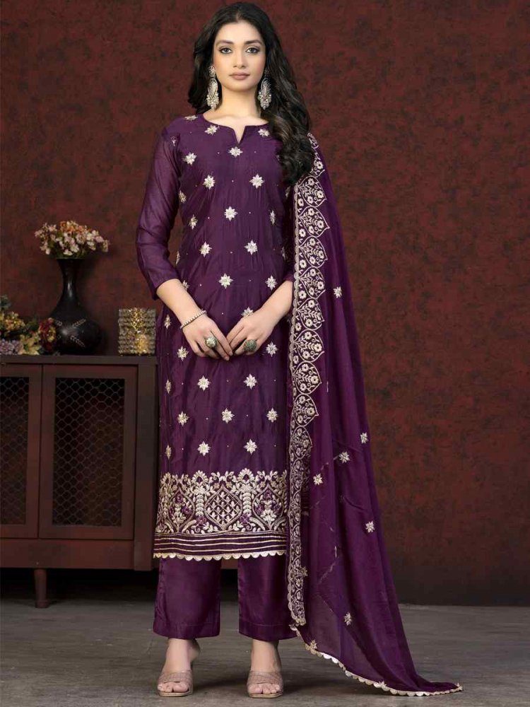Purple Modal Chanderi Embroidered Casual Festival Pant Salwar Kameez