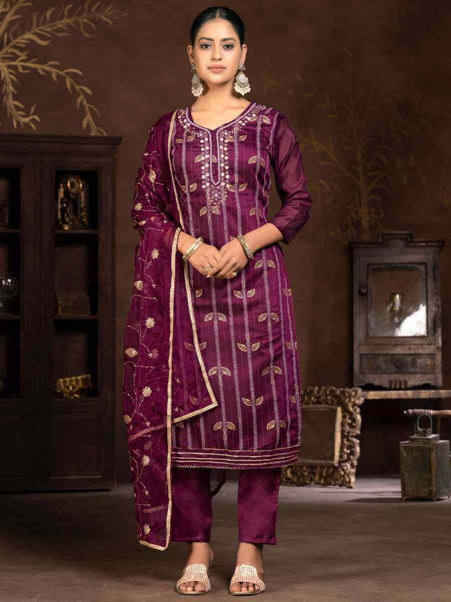 Purple Modal Cotton Jacquard Embroidered Casual Festival Pant Salwar Kameez