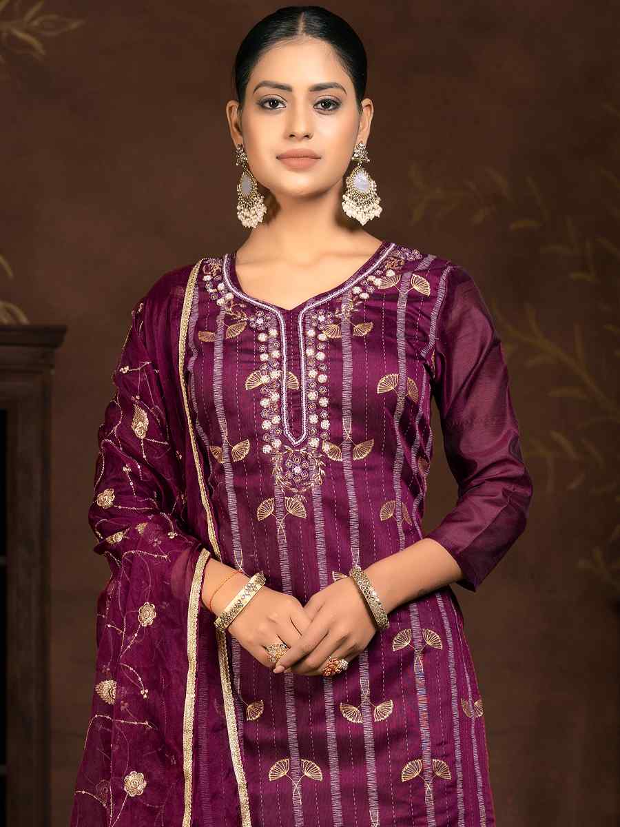 Purple Modal Cotton Jacquard Embroidered Casual Festival Pant Salwar Kameez