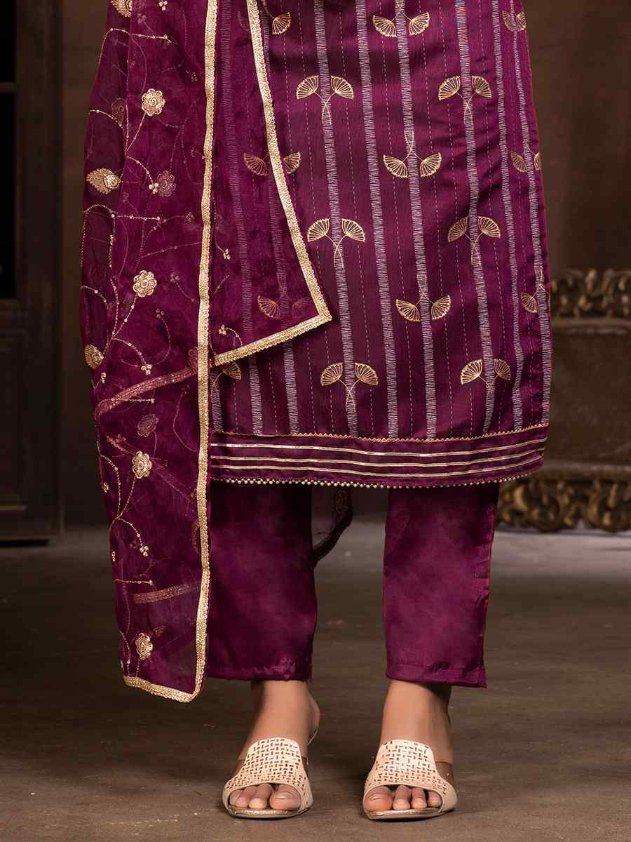 Purple Modal Cotton Jacquard Embroidered Casual Festival Pant Salwar Kameez