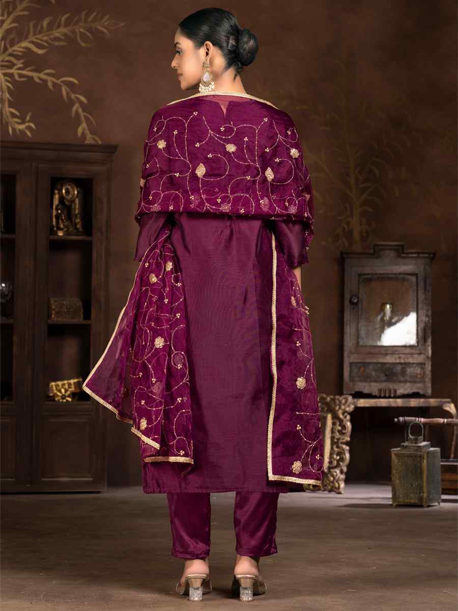 Purple Modal Cotton Jacquard Embroidered Casual Festival Pant Salwar Kameez