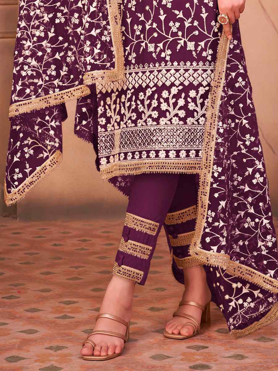 Purple Mono Net Embroidered Wedding Mehendi Pant Salwar Kameez