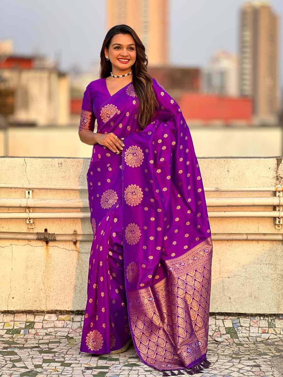 Purple Moonga Silk Handwoven Festival Wedding Heavy Border Saree