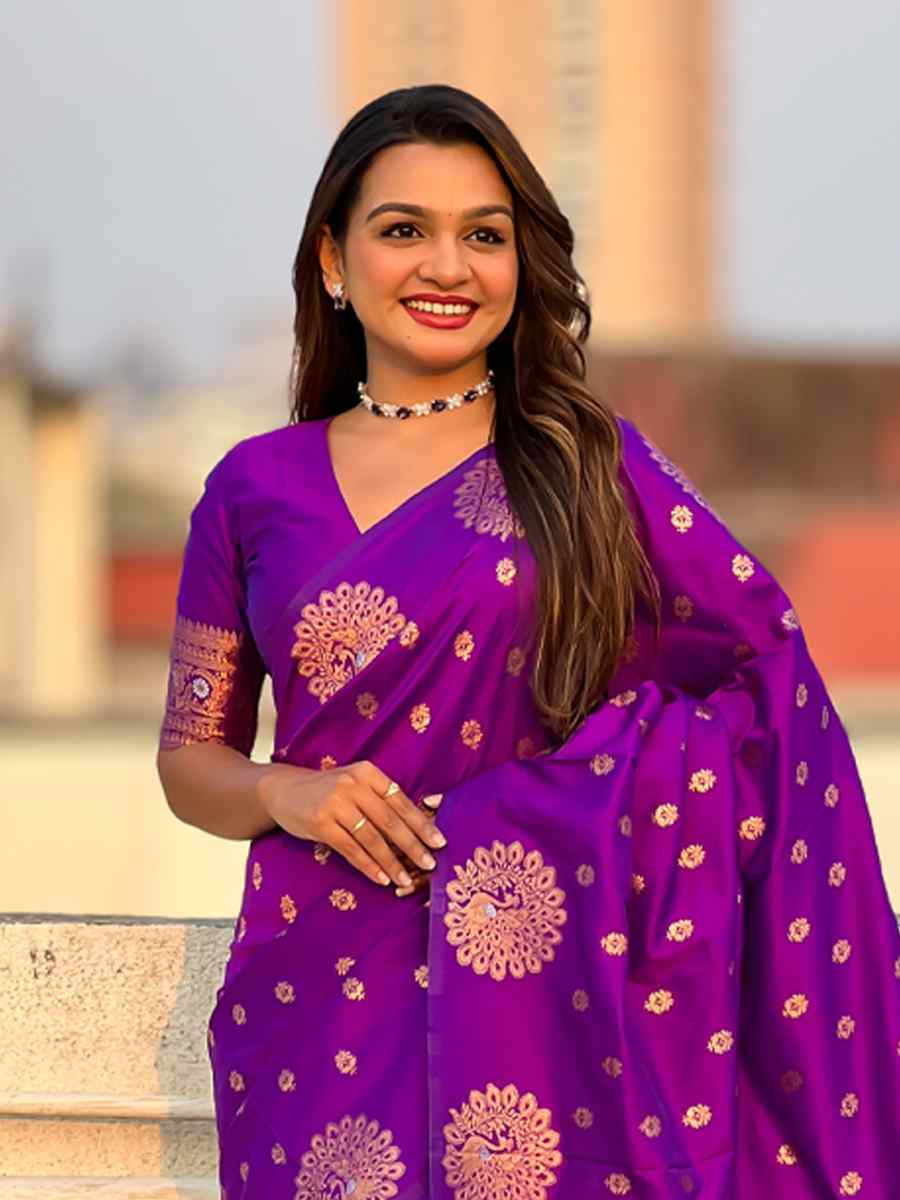 Purple Moonga Silk Handwoven Festival Wedding Heavy Border Saree